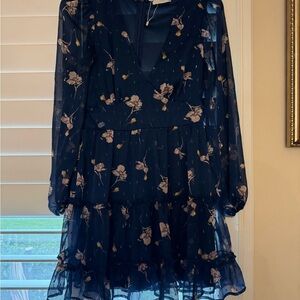 Lush By Nordstrom Navy Blue Floral Sparkling V-Neck Dress Size Small